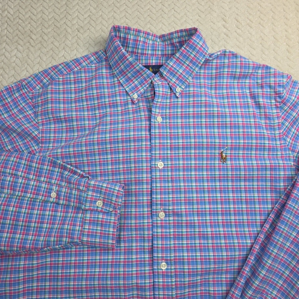 Ralph‎ Lauren Mens XL Plaid Button Down Shirt Blue Pink  Long Sleeve Flesh Pony
